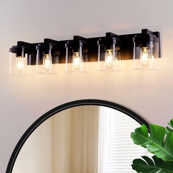 GCGAFUL 5-Light Matte Black Dimmable Bathroom Vanity Light With Clear Glass Shade
