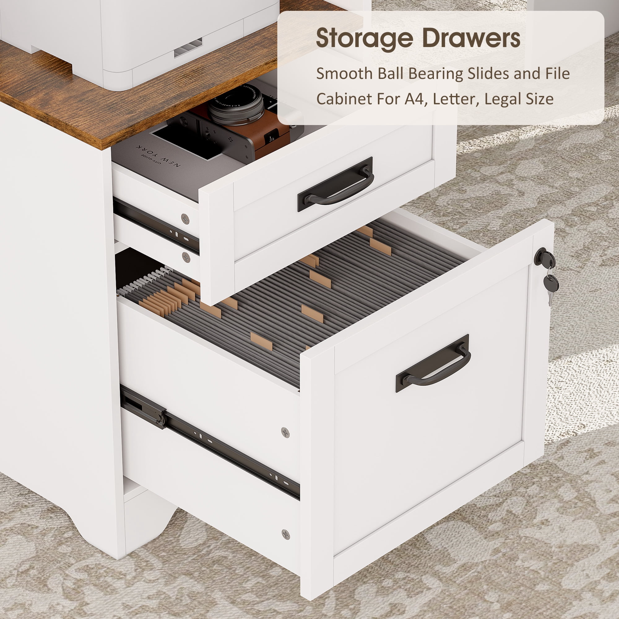 63'' Farmhouse L Shaped Desk with Drawers, Corner Computer Desk with Monitor Stand for Home Office, White