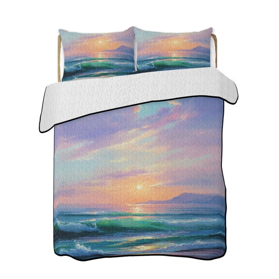 Quilt King Size Bedding Set, Ocean Coastal Reversible Summer Quilt 3 Pieces, Sunset Abstract Art Nautical Beach Lightweight Bedspreads Coverlets with 2 Pillow Shams for All Seasons