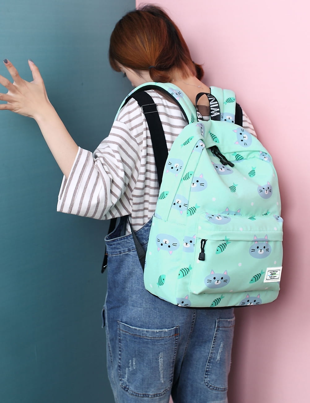 Mygreen Kids Backpack for Girls, Waterproof Teens Bookbag Cute School Backpacks, Fish and Cat Pattern Green