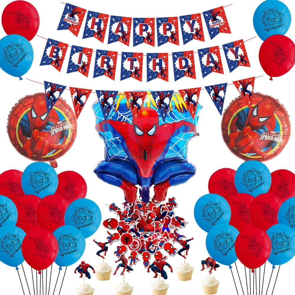 spiderman party decorations favors birthday spiderman happy birthday banner foil latex balloons cupcake toppers stickers avengers superhero birthday party supplies walmart com