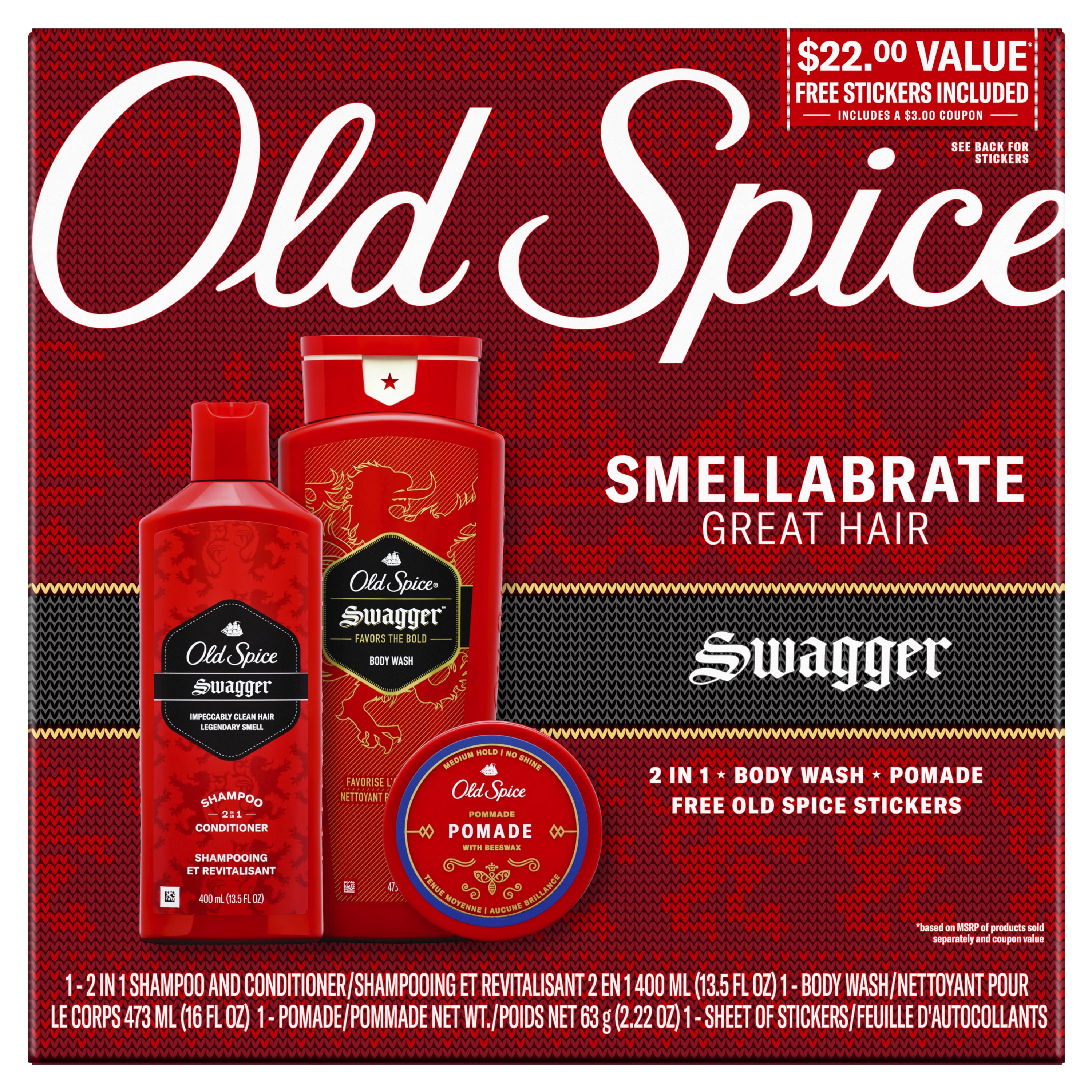 22 VALUE) Old Spice Hair Style Swagger Holiday Pack With 2 in 1 Shampoo and  Conditioner, Body Wash, Hair Pomade and Sheet of Stickers 