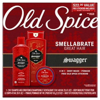 ($22 VALUE) Old Spice Hair Style Swagger Holiday Pack With 2 in 1 Shampoo and Conditioner, Body Wash, Hair Pomade and Sheet of Stickers