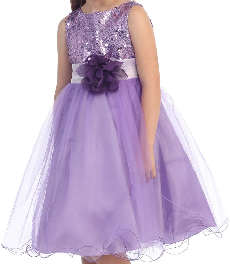 Sequin Glitter Round Neck Tulle Overlaid Little Flower Girls Dresses