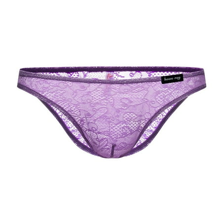 BUYISI Mens Underwear Bikini Brief Mesh Net Semi-C-thru Mesh Sexy Lace Lingerie Purple L