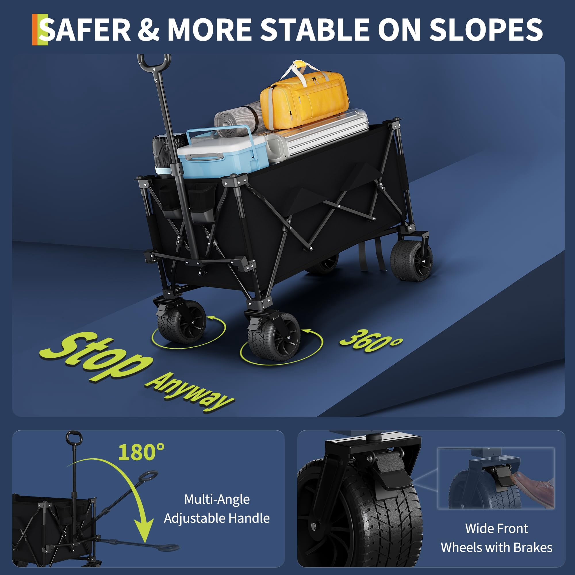 Soonbuy 35" Outdoor Heavy Duty Foldable Wagon for Beach, Large Collapsible Camping Wagon, All Terrain Beach Wagons Extended with Cup Holders for Sand, Garden, Patio, Backyard, Black/Blue/Red