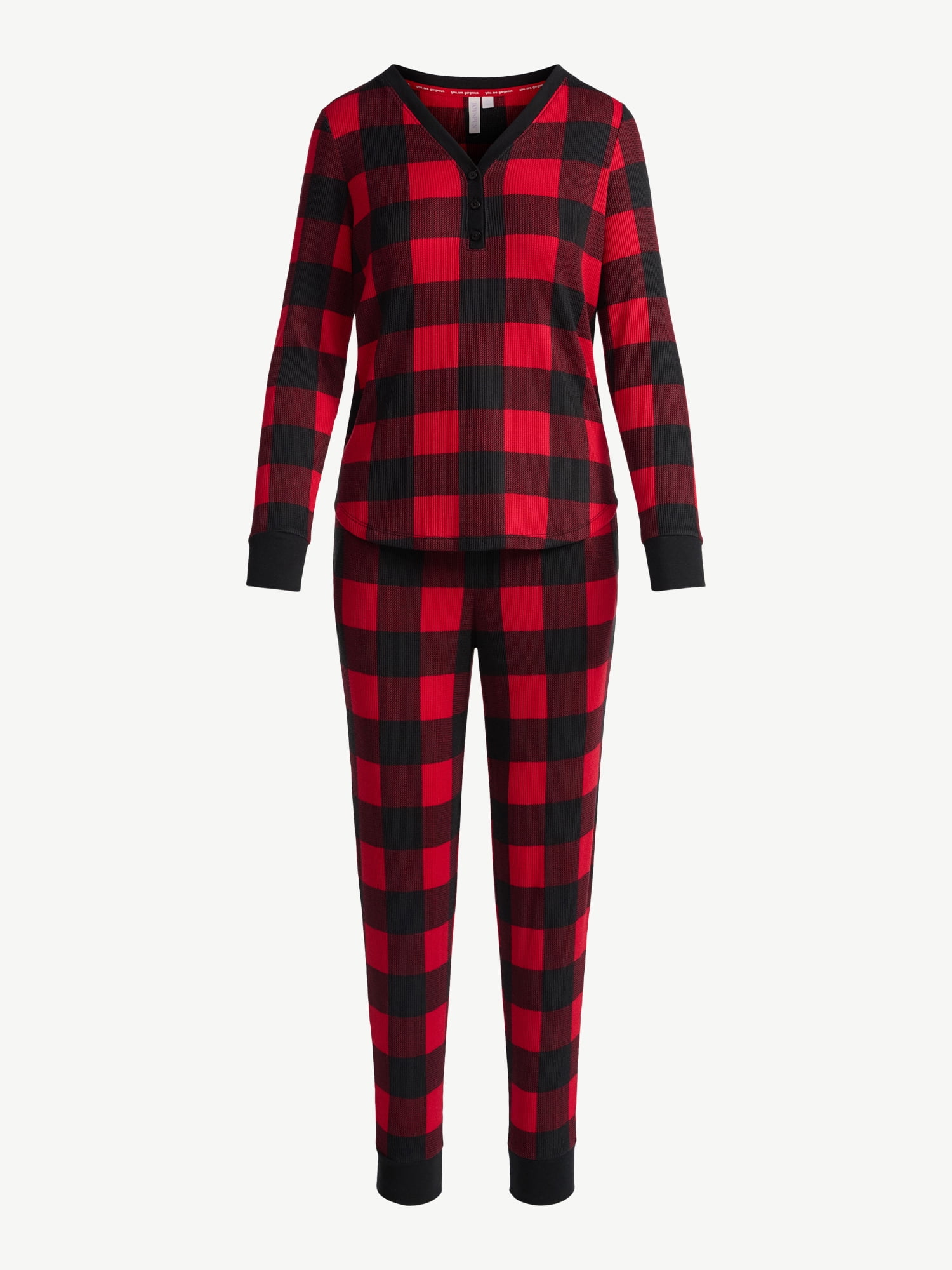 Joyspun Women's Waffle Long Sleeve Henley Sleep Top, Jogger, and Socks Pajama Set, 3-Piece, Sizes XS to 3X