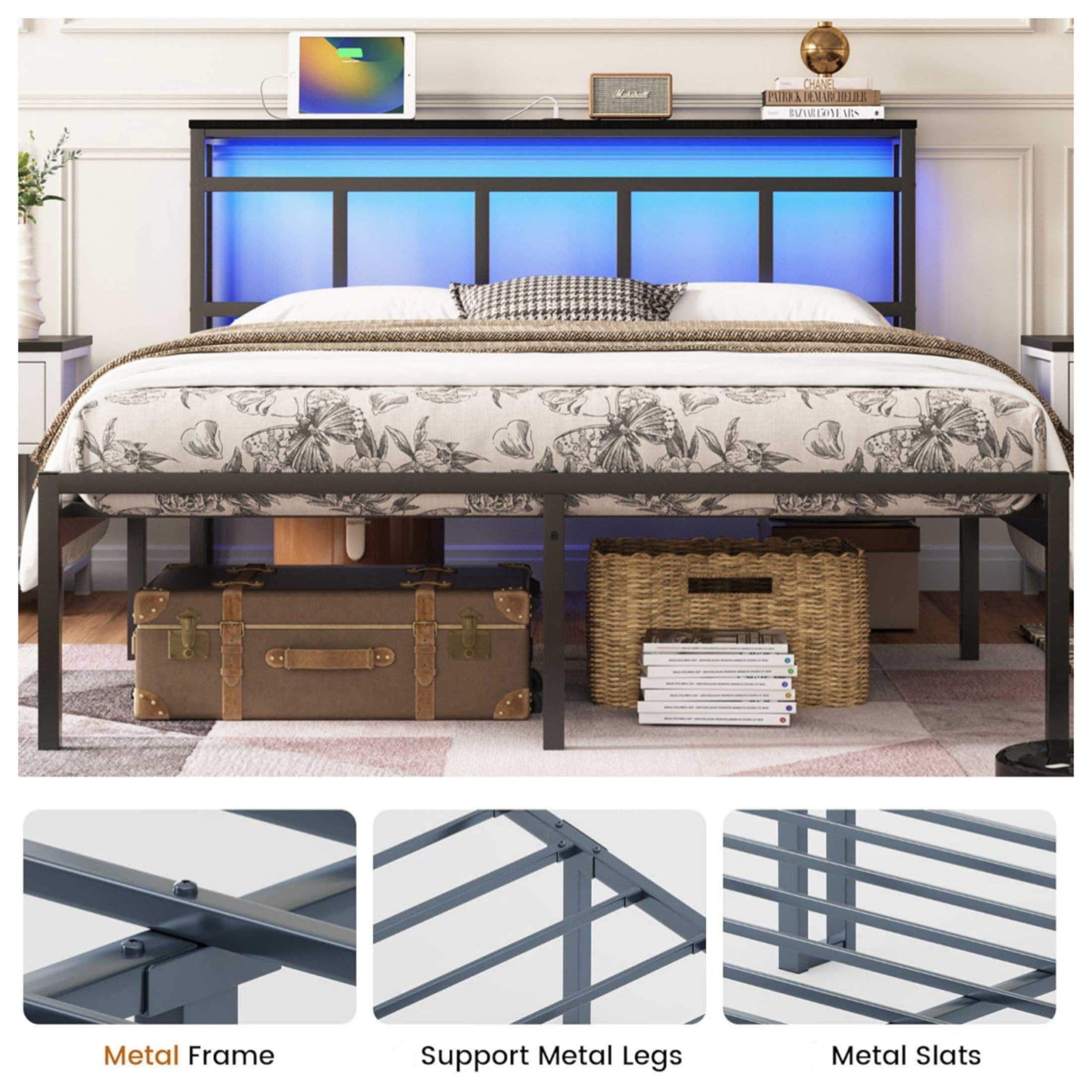Noble House 14" Twin Bed Frame with Storage Headboard and LED Lights, Metal Platform Bed with Charging Station, Black