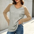 thumbnail image 5 of Color Block Raglan Sleeve V Neck Contrast Dark Green Sleeve Curved Hem Long Sleeve Casual Baseball Tee for Women Spring Fall Basic Layering Top, 5 of 7