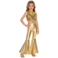 thumbnail image 5 of Aislor Girls 2 Pcs 70s Disco Outfits Metallic Gloss Sleeveless Tassels Top with Split Bell-bottom Pants Dance Outift Gold 8, 5 of 7