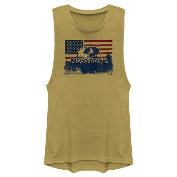 Junior's Mossy Oak American Flag Landscape Logo Festival Muscle Graphic Tee Antique Gold X Small