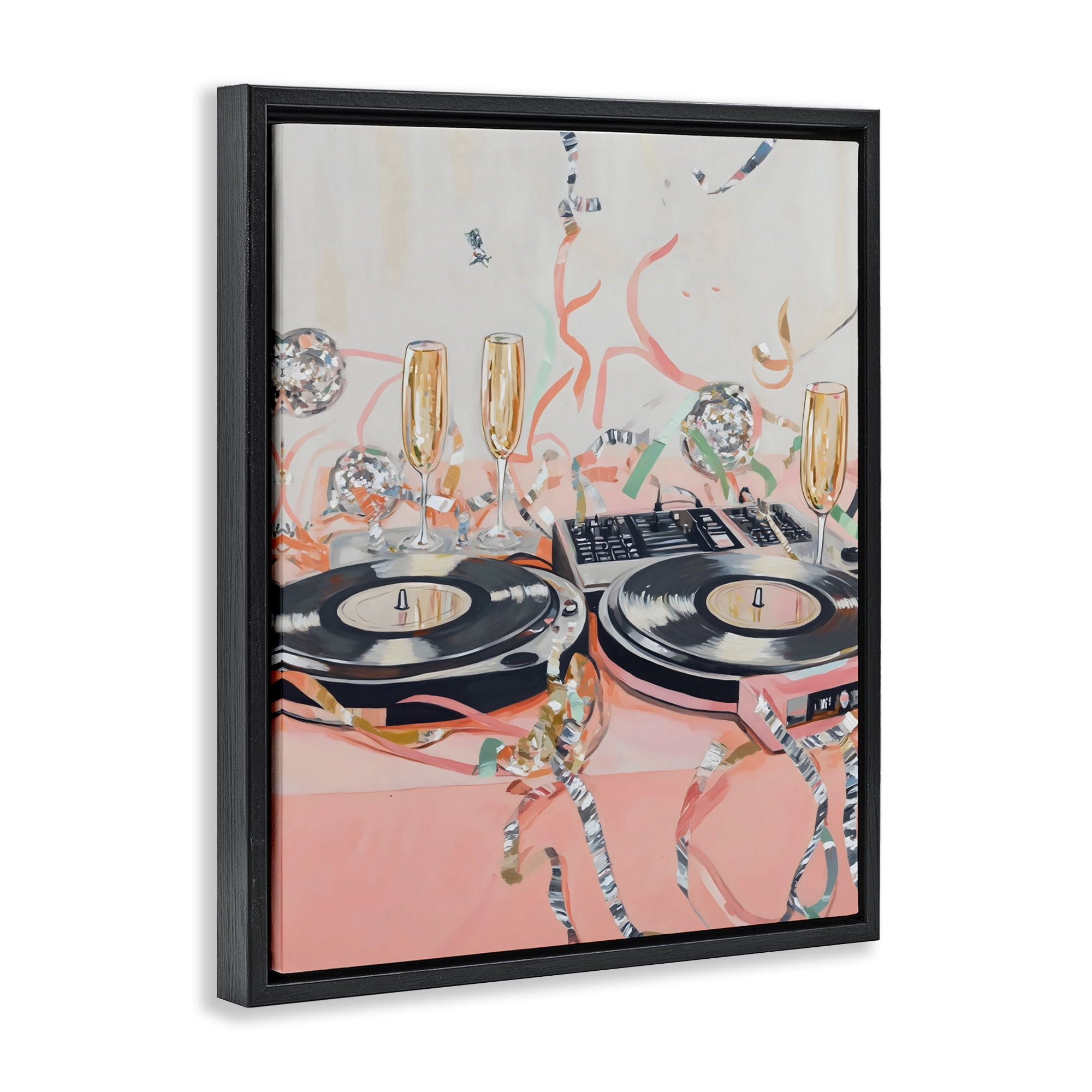 Stupell Industries Retro Turntable & Champagne Party Black Framed Floater Canvas Wall Art, design by The Prints Vibe