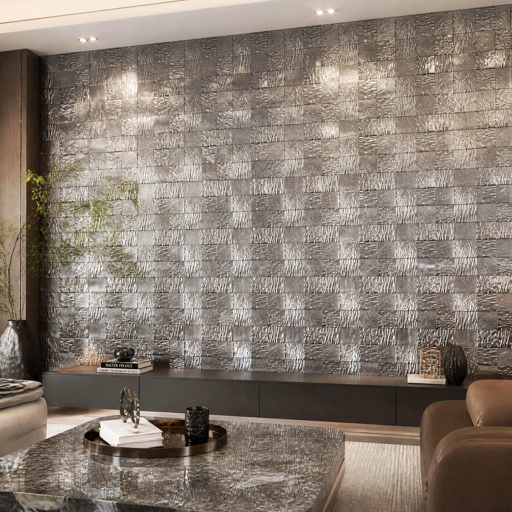 Easy4Home 5Pcs 12"x12" Metal Wall Panels Morden Mosaic Tiles for Interior Wall Decor, Silver