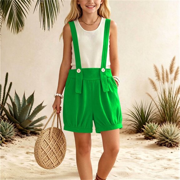 Ceisia Girls Solid Color Button Strap Bib Overalls Shorts Elastic Cuff Pocket Casual Summer Bottoms Green 3 Years/4 Years Gift