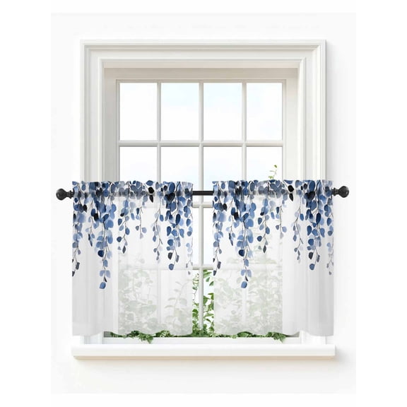 Blue Eucalyptus Leaves Tier Curtains 36 Inch Length,Sheer Curtains for Bedroom Living Room Window Weeping Spring Botanical Summer Voile Drapes Kitchen Curtains Small Half Window 27.5"x36" 2 Panels