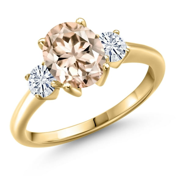 Gem Stone King 10K Yellow Gold Peach Morganite and White Moissanite Engagement Ring for Women | 2.06 Cttw | Oval 9X7MM | Gemstone October Birthstone | Size 7