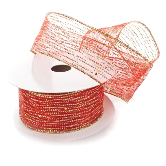 Ribbon Traditions Horizontal Glitter / Sequin Stripes Sheer Wired Ribbon 2 1/2 Inch by 10 Yards - Red / Gold