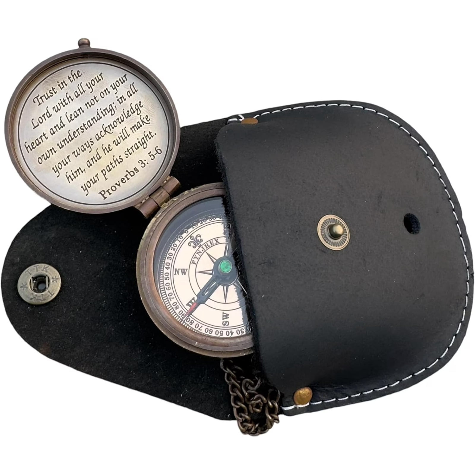 Antique Brass Compass with Leather Case – Engraved Pocket Compass  Vintage Nautical Compass for Men, Graduation Gift, Father’s Day, Christian Inspirational Gift