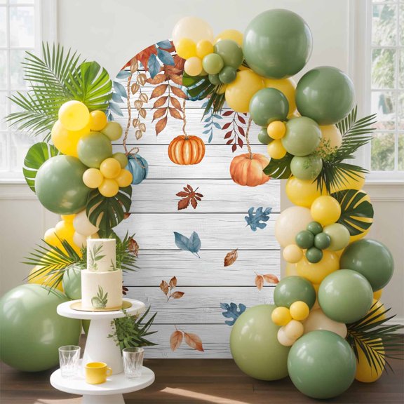Fall Leaves Farm Pumpkin Thanksgiving Arch Backdrop Cover Stretchy Spandex Arch Cover 6ft, Maple Leaf Retro Plank Round Top Chiara Stand Covers for Wedding Birthday Party Ceremony Banquet