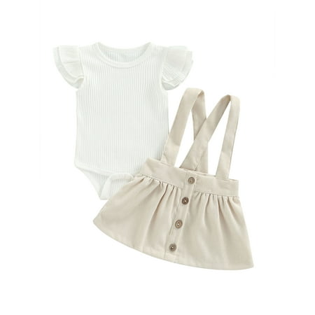 

Frobukio Newborn Baby Girls 2Pcs Clothes Suit Ruffle Fly Sleeve Romper Tops + High Waist Buttons Suspender Skirt Beige 0-3 Months