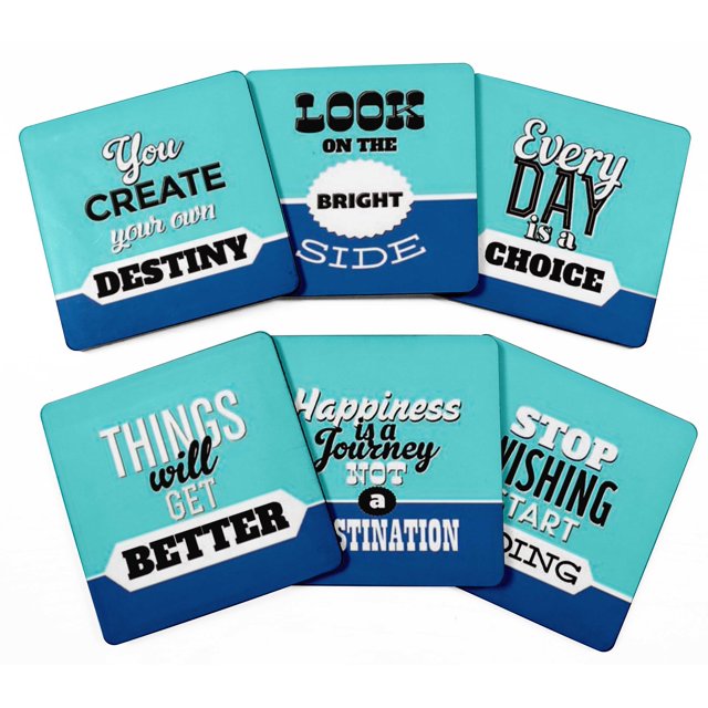 Inkdotpot Set of 6 Drink Coasters Easy Clean 4-inch SquareCoastersCork Base-Reusable- Motivational Quotes