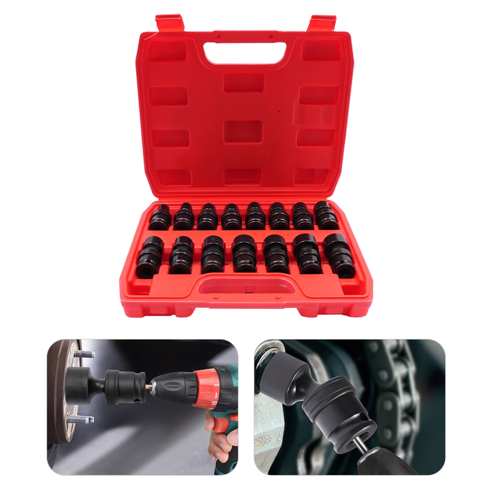 Universal Joint Socket Set 15PCS 3/8" Socket Set 8mm-22mm Swivel Socket Set - Black Red