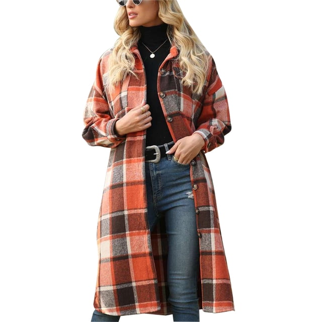 Womens Casual Plaid Button Down Jackets Puff Sleeve Long Trench Coats Shackets