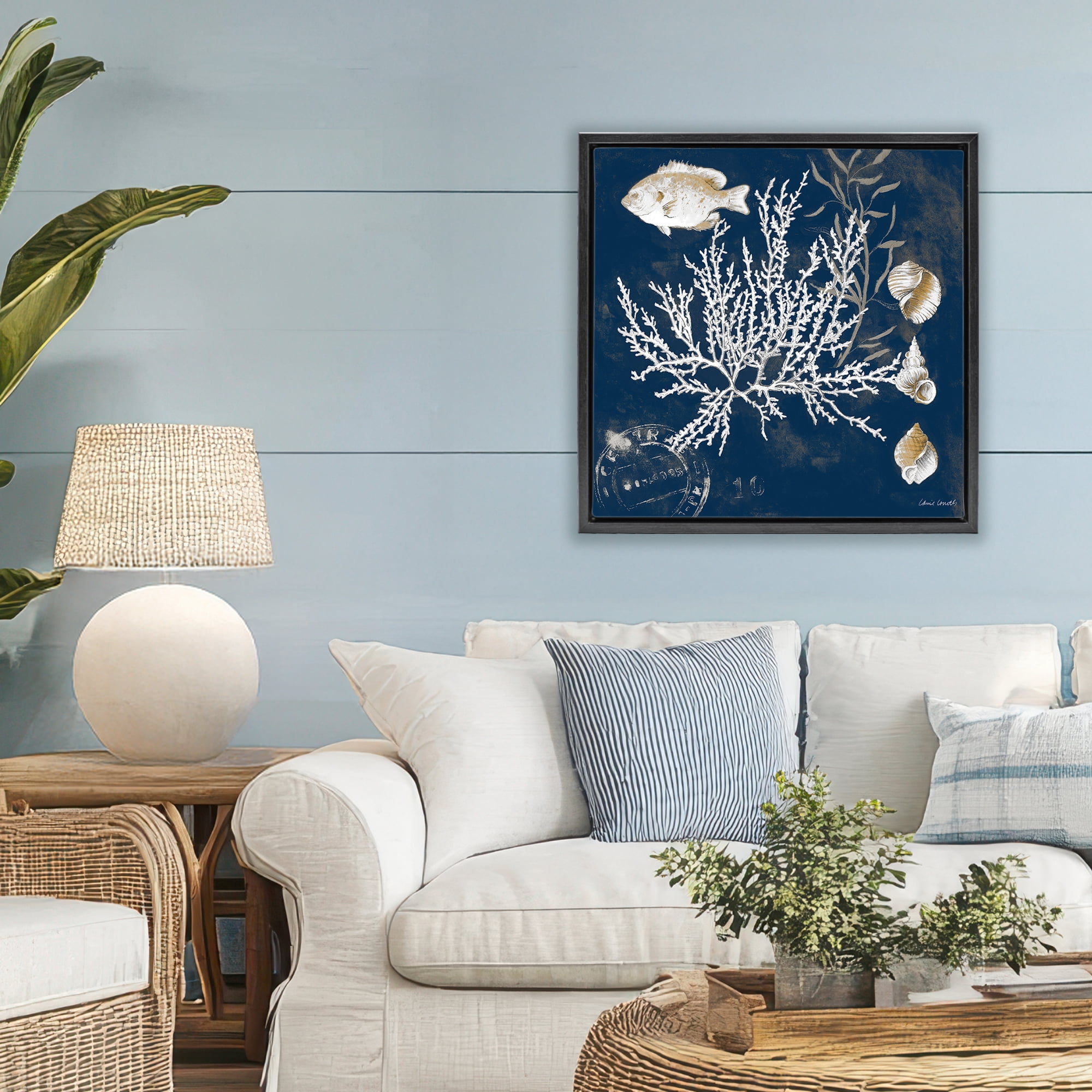 Stupell Industries Coral Medley on Blue Black Framed Floater Canvas Wall Art, design by Lanie Loreth
