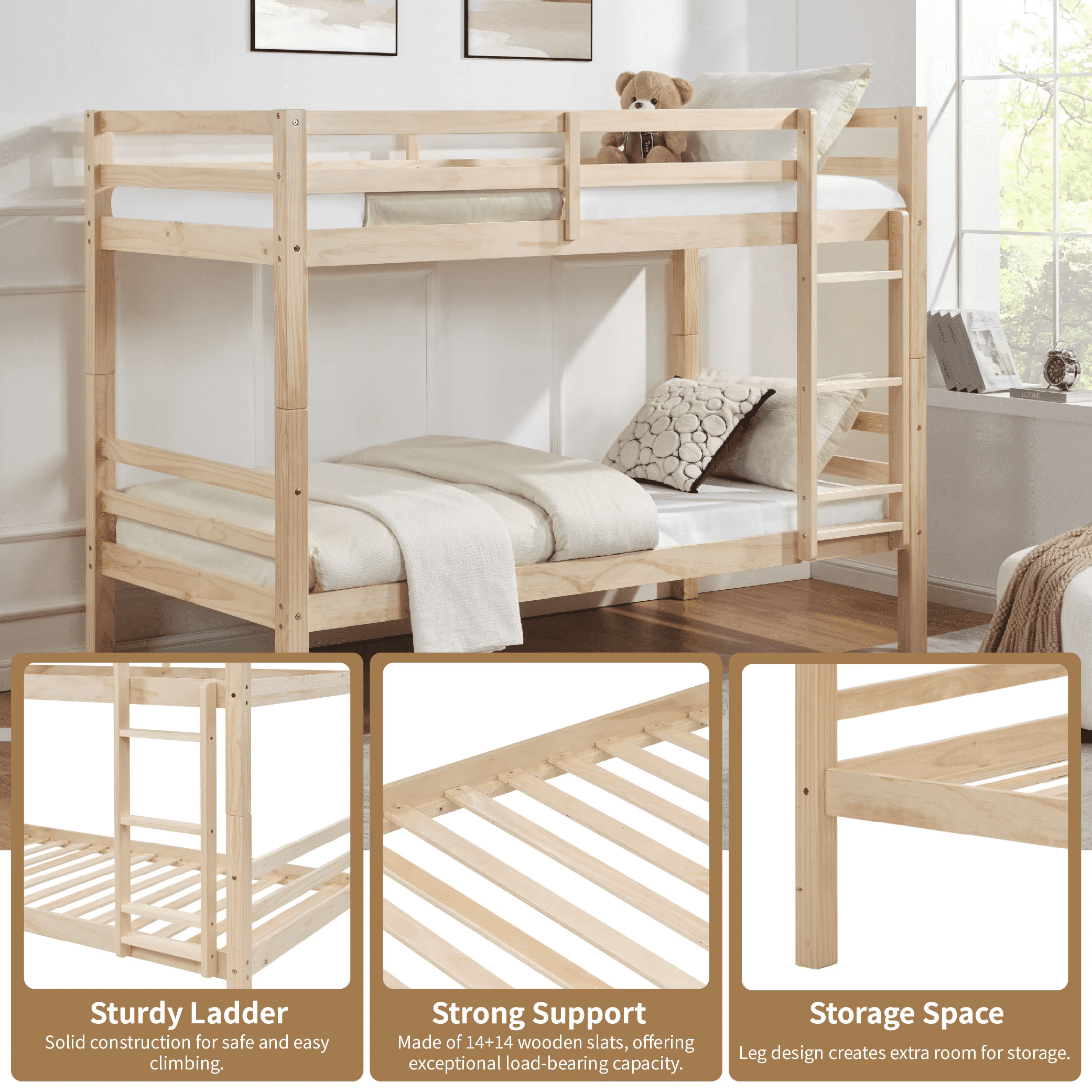 MAYEERTY Twin over Twin Bunk Bed with Thick Posts, Wooden Bed Frame with High Guardrail and Ladder for Kids, No Box Spring Needed, Natural