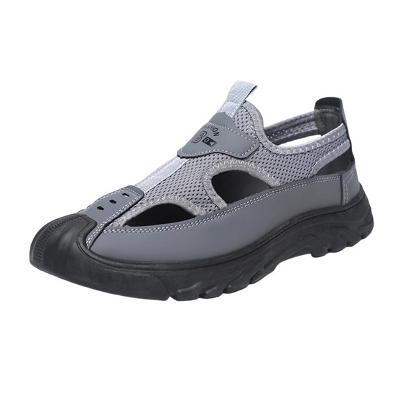 Gray Men'S Sandals Closed Toe Slip-On Breathable Mesh Soft Leather Soft Sole Lightweight Outdoor Casual Summer Spring Fashion Footwear Size 44