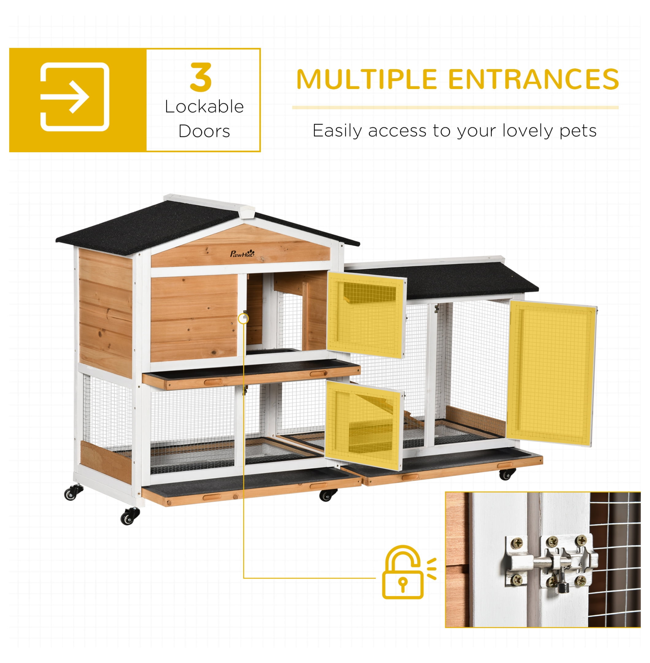 PawHut 62" Rabbit Hutch, Wooden Bunny Hutch, Guinea Pig Cage, Small Animal Enclosure with Wheels, Run Area, Removable Tray, Asphalt Roof, Lockable Doors and Ramp, Nature Wood