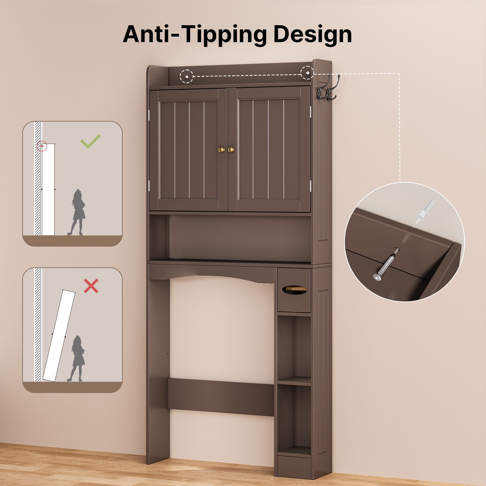 Noelse  Over the Toilet Storage Cabinet, Over Toilet Bathroom Organizer with 2 Doors, Adjustable Shelves, Toilet Paper Holder, 2 Side Hooks, Space-Saver for Bathroom, Laundry, Brown