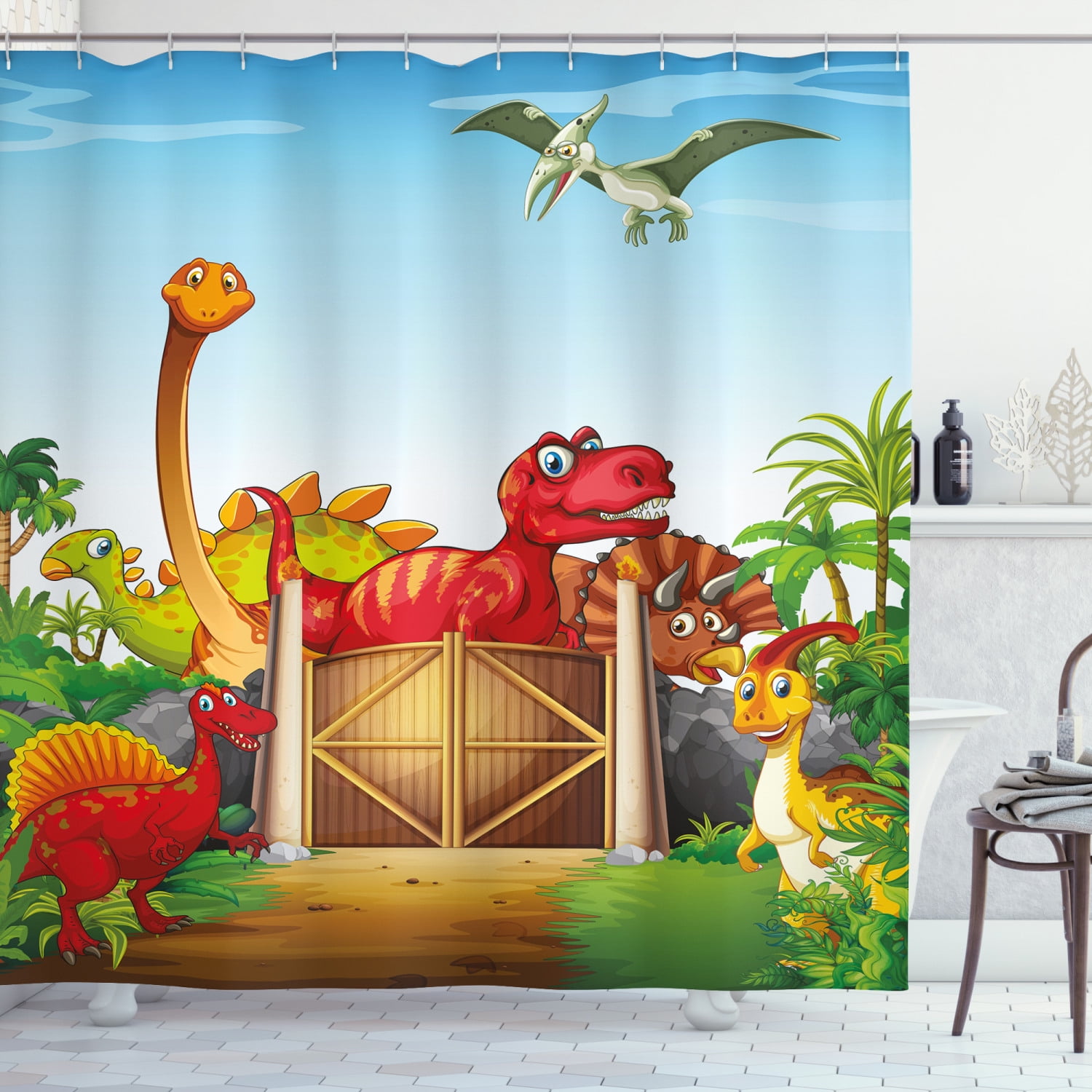 Kids Shower Curtain, Cartoon Style Cute Dinosaurs in a Dino Park Jungle ...