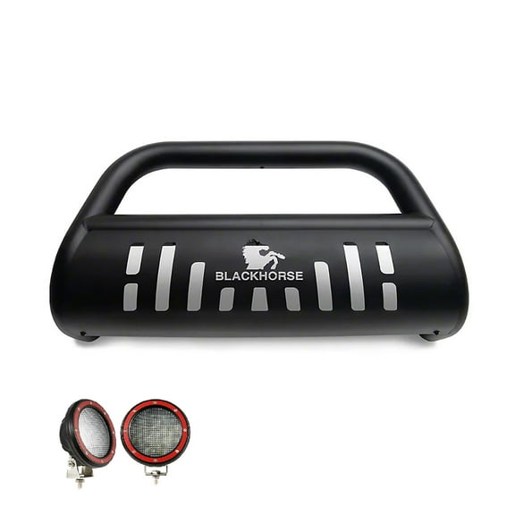 Black Horse Bull Bar Incl. pair of 5.3"Dia.LED Lights w/Red Trim Rings Skid Plate Matte Black Compatible with 2016-2023 Jeep Renegade-BBJPREA-SP-PLFR