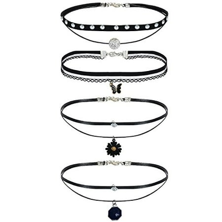 - Choker Necklace Black Layered Braided Charm Collar Girls Set 4 Pieces
