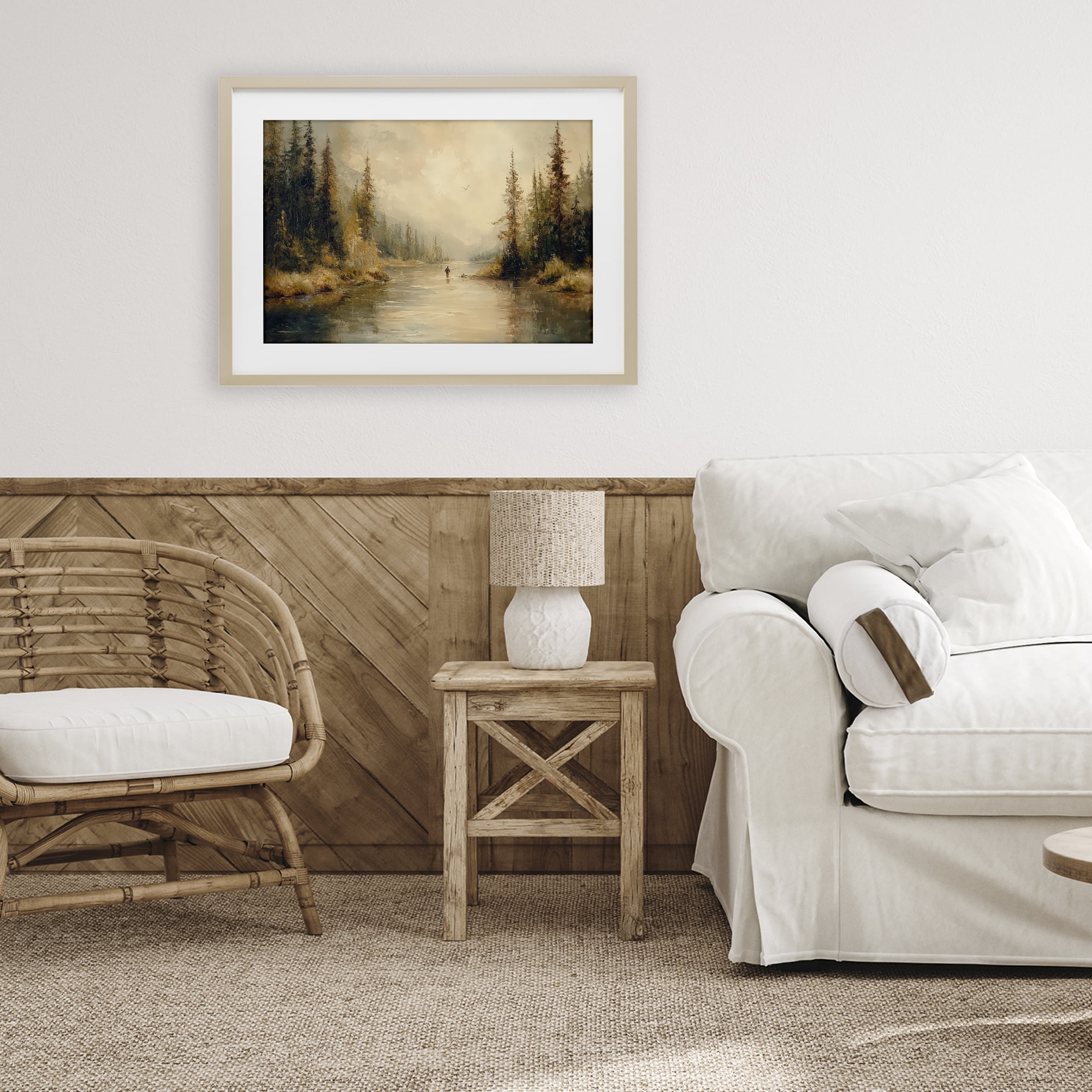 Stupell Industries Fly Fisher at Misty River Birch Framed Print Under Glass, design by Petal Prints Design