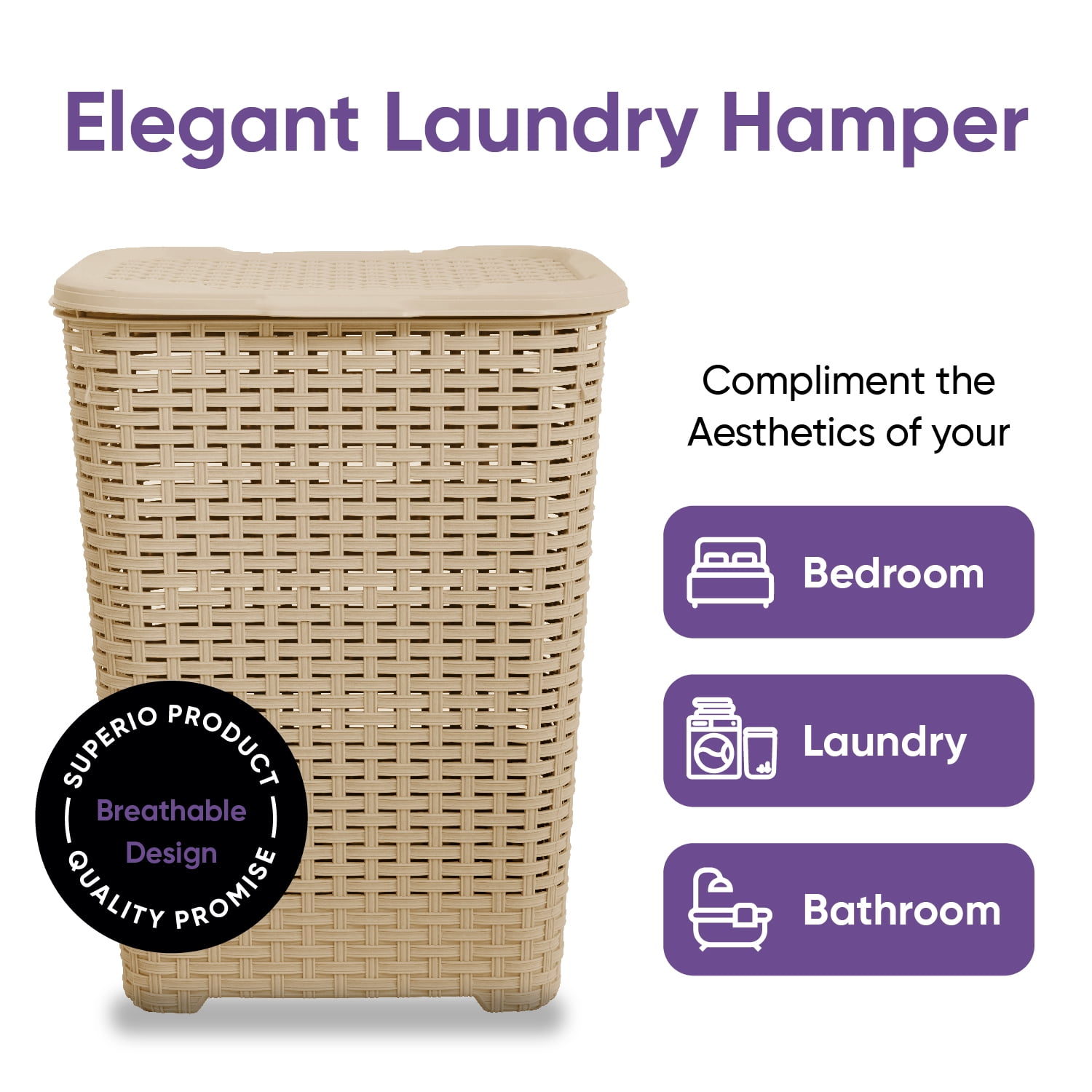 Superio Laundry Hamper Basket With Easy Open Lid 60 Liter Beige, Large Wicker Hamper, Dirty Cloths Storage With Two Cutout Handles, Laundry Room Bin