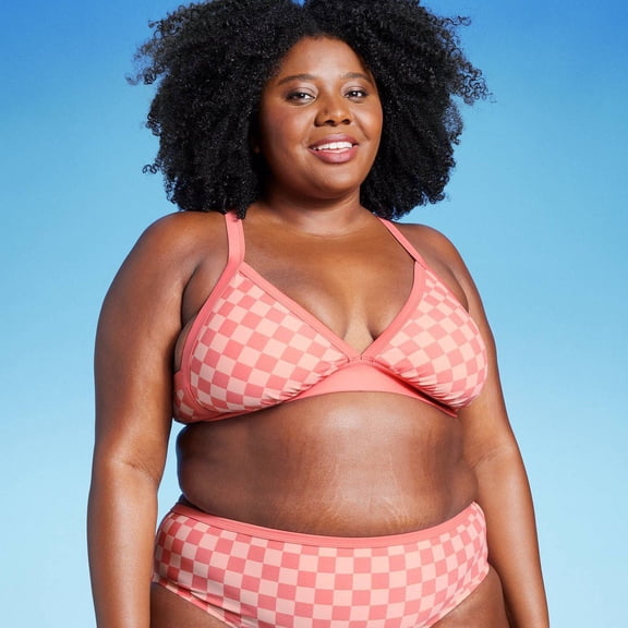 Triangle Pink Checkered Pattern Bikini Top, Women's Plus Size 2X (20W-22W)