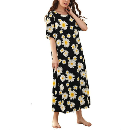 

Casual Floral PrintRound Neck Sleepshirts Elbow-Length Black Womens Nightgowns & Sleepshirts (Women s)