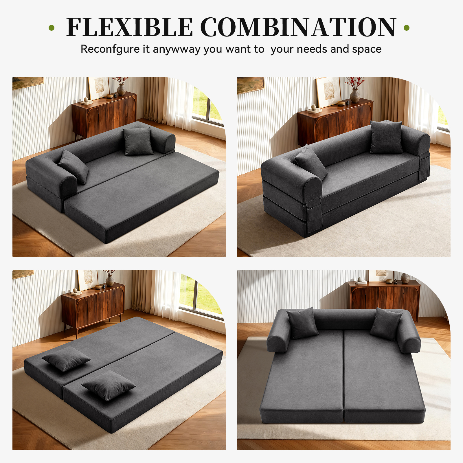 4-in-1 Folding Convertible Sofa Bed, 78 Inch Oversized Faux Leather Boneless Couch, Loveseat Sleeper with Pull Out Bed, Floor Sofa Modular Futon Teddy Sofa for Living Room Bedroom Lounge, Gray