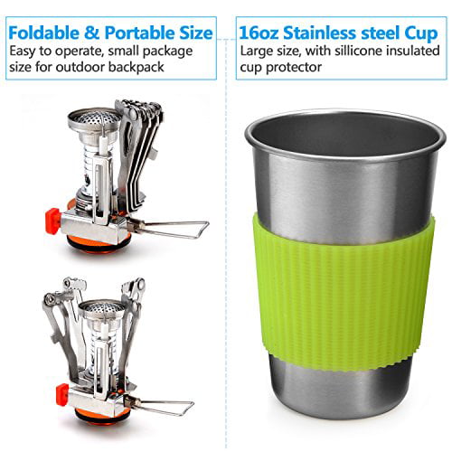 Odoland Camping Cookware Stove Carabiner Canister Stand Tripod and Stainless Cup for sale online