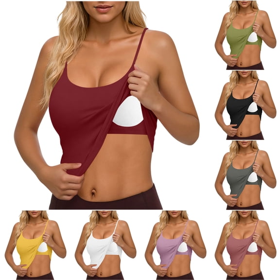 Otntypg Tank Tops for Women Built in Bra Backless Basic Double Lined Summer Adjustable Spaghetti Strap Sleeveless Cami Workout Shirts Purple XL