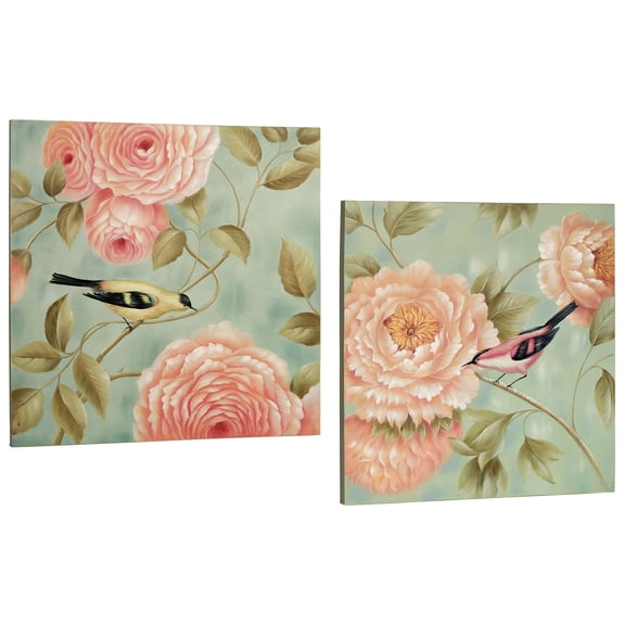 Perched by Flowers Canvas Art Multi Pastel Set of Two 2