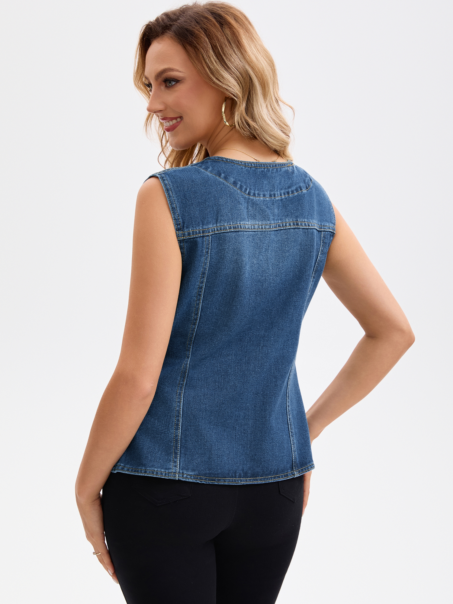 DARING DIVA Women's V Neck Patch Pockets Button Down Sleeveless Jacket XL Dark Blue