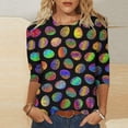 thumbnail image 1 of Daisyyozoid Chandail Amusant de Pâques pour Femmes, T-Shirt Décontracté à Imprimé d'Oeufs Colorés, Extérieur, Quotidien, Vacances, Manches 3/4, Col Ras du Cou, Vêtement, 1 of 5