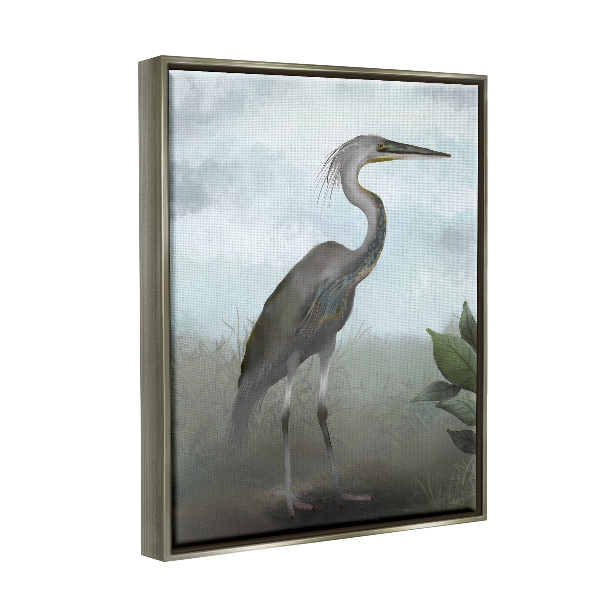 Stupell Industries Heron in Nature Study Animals & Insects Painting Gray Floater Framed Canvas Art Print Wall Art, 17 x 21