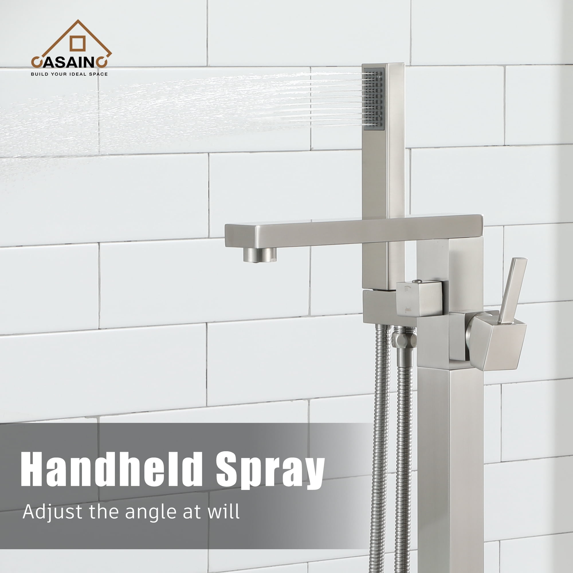 Casainc Freestanding Bathtub Faucet Swivel Spout Floor Mount with Handheld Shower Brushed Nickel A