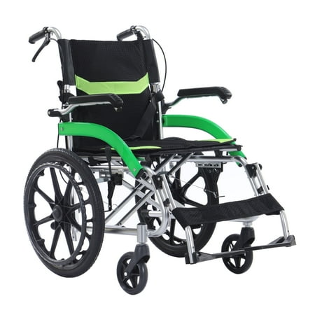 YEBEI Lightweight Transport Wheelchair Foldable, Double-Brake Design Wheelchair with Self-Propelled for Adults with 20-Inch Large Rear Wheel Support 230Lbs Green