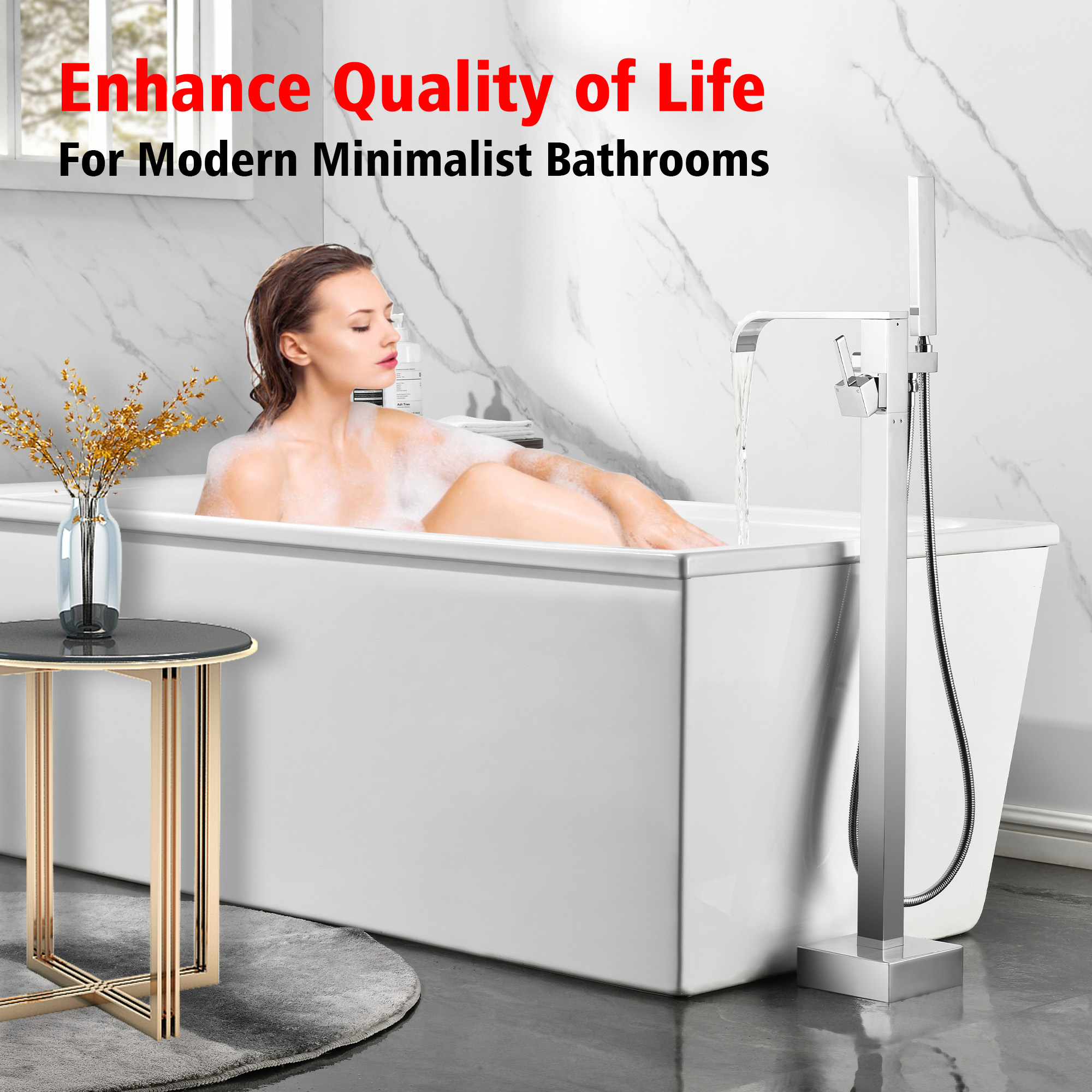 SUMERAIN Chrome Freestanding Bathtub Faucet with Hand Shower, High Flow Waterfall Floor Mount Tub Filler with 360-degree Swivel Spout