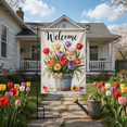 thumbnail image 5 of Vibrant Floral Print Welcome Garden Flag Vintage Pot Design Tulip Garden Flag Rustic Pastel Color Scheme Potted Tulip Flag for Outdoor Garden Decor Porch Decoration Yard Accent, 5 of 9